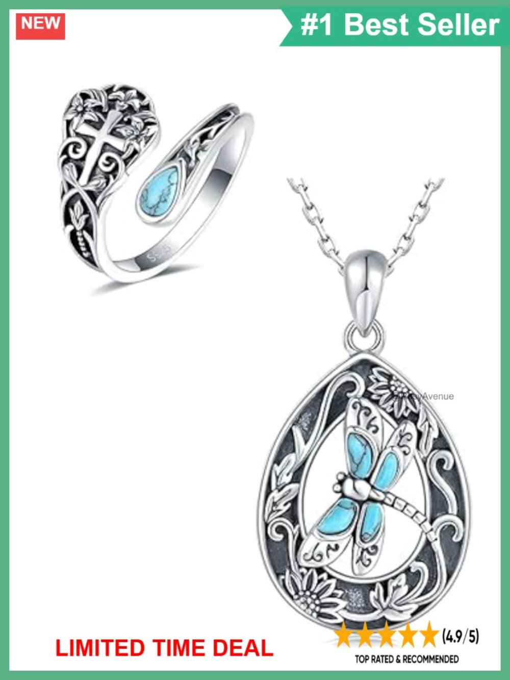 S925 Sterling Silver Turquoise Cross Spoon Ring Dragonfly Necklace Set